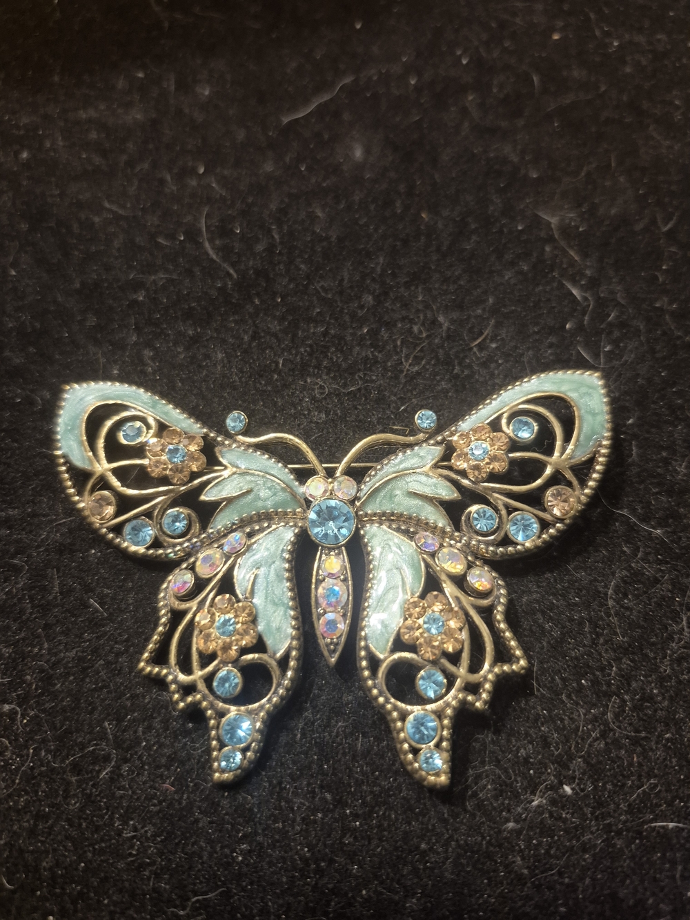 Avon Gold-Tone Aqua and Blue Butterfly Brooch